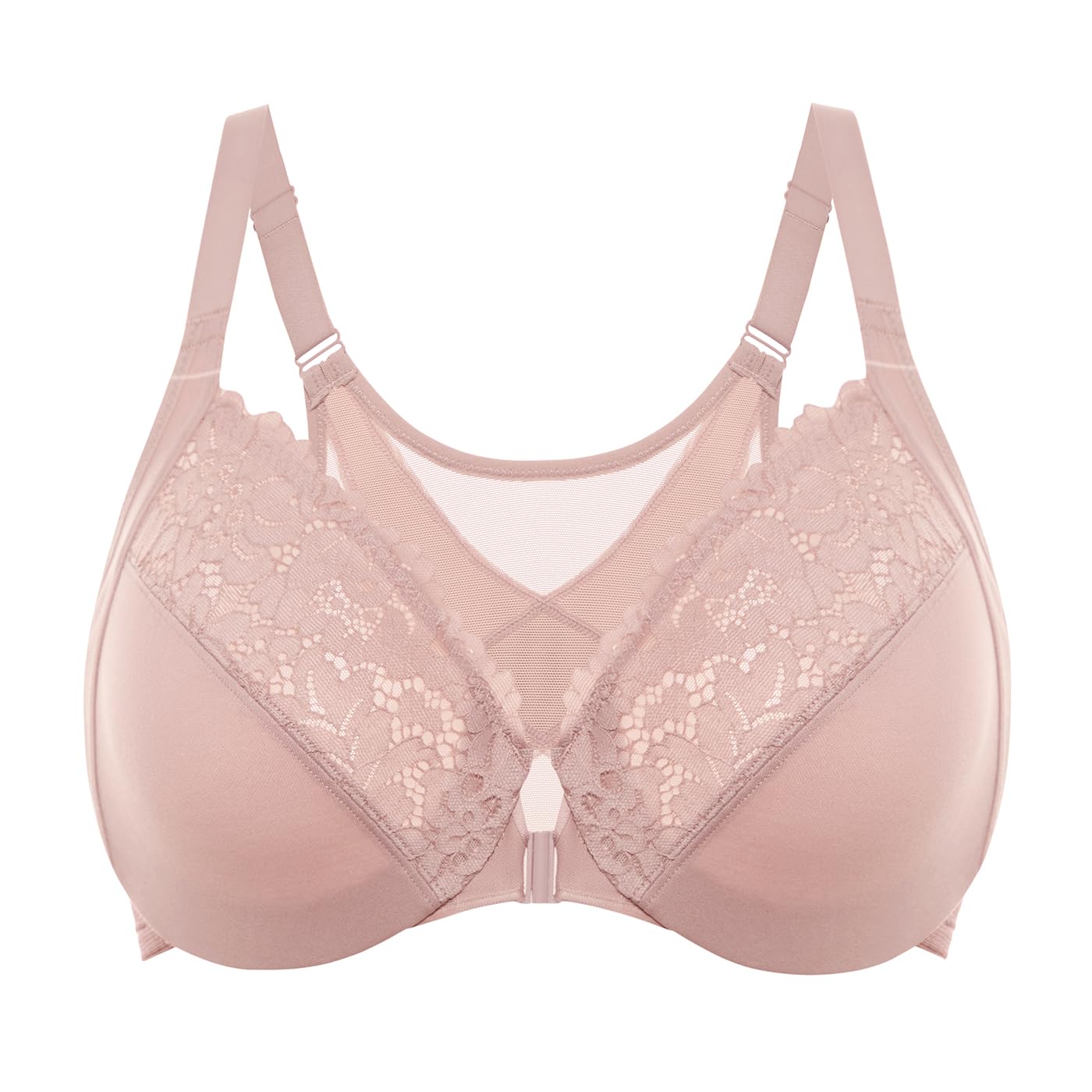 DELIMIRA Womens Front Closure Bras Posture Full Coverage Plus Size Lace Underwire Unlined Bra Rose Smoked 38B