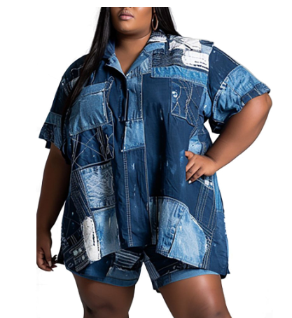 Plus Size Printed Two-Piece Set with Turn Down Neck