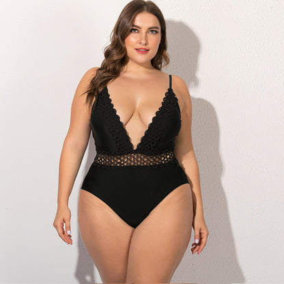 Plus Size Lace Trim One-Piece Swimsuit for Women