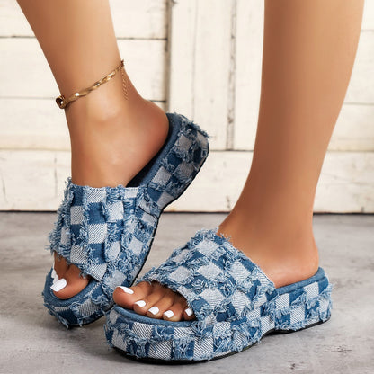 Cloth Cover Platform Slippers Women Denim Plaid Beach Slippers