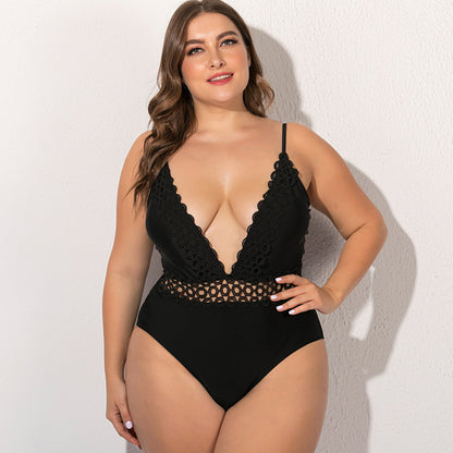 Plus Size Lace Trim One-Piece Swimsuit for Women