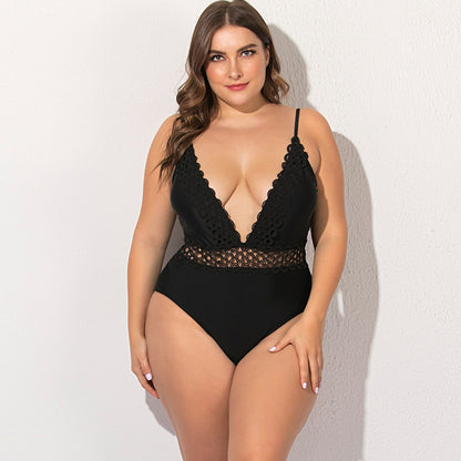 Plus Size Lace Trim One-Piece Swimsuit for Women
